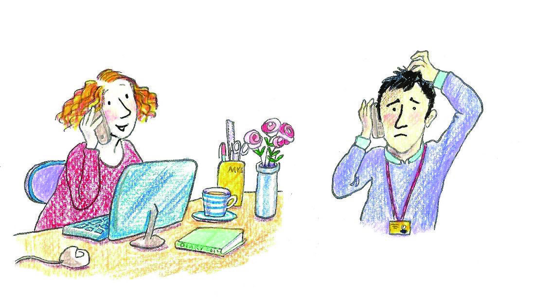 Cartoon of two adults one phone to each other one looking at a laptop computer the other looking confused